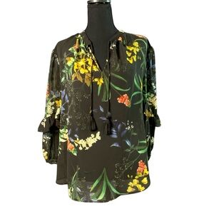 Boho Floral Tassel Blouse – Chico’s Size 2 (12) Sheer Black Ruffle Sleeve Top